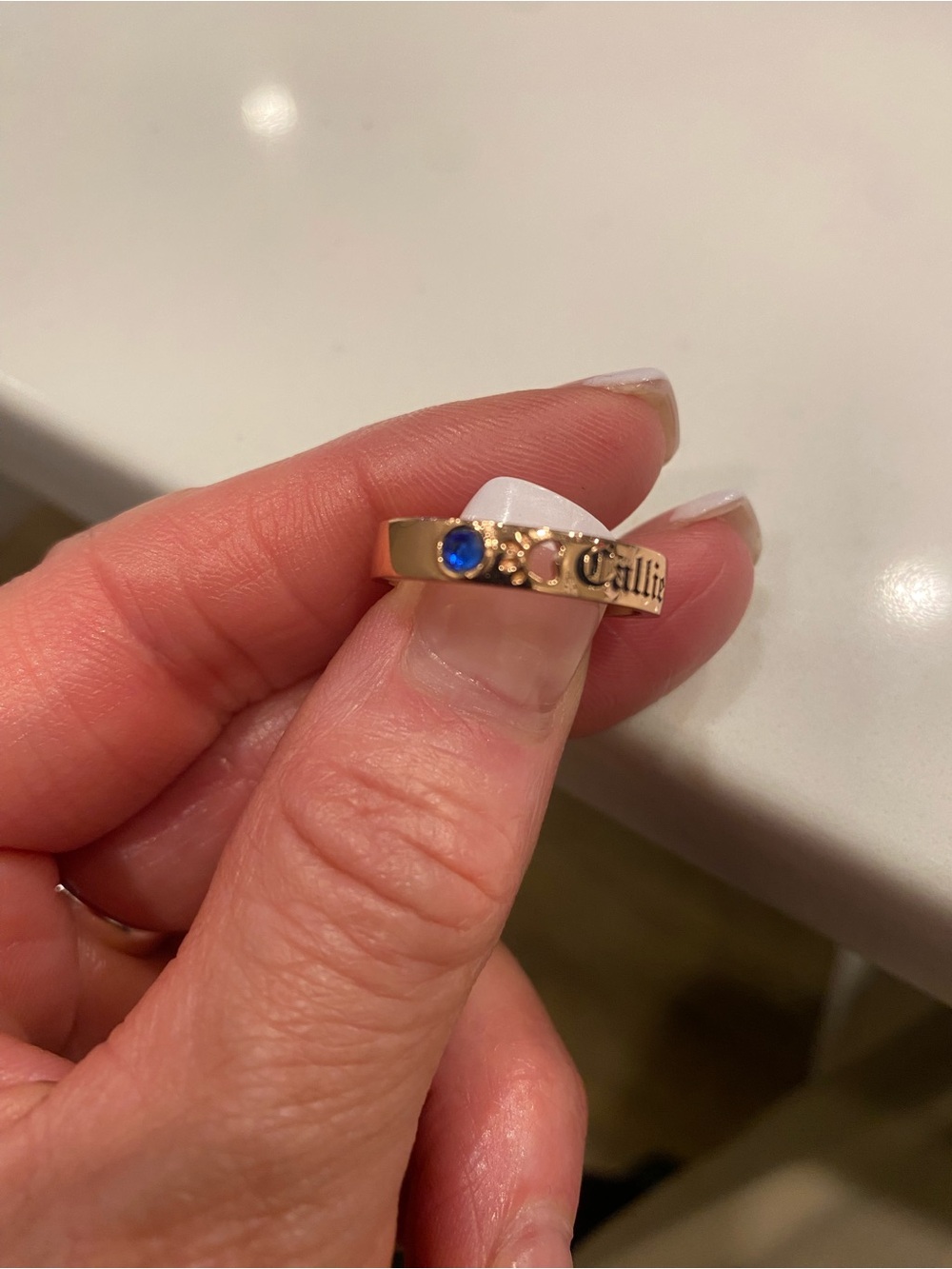 Bronze Blue Stone Personalized ‘Callie’ Name Ring 8.5